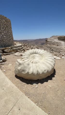 View of Mitzpe Ramon crater in Israel’s Negev Desert with ammonite fossil sculpture in the foreground under clear blue sky.
