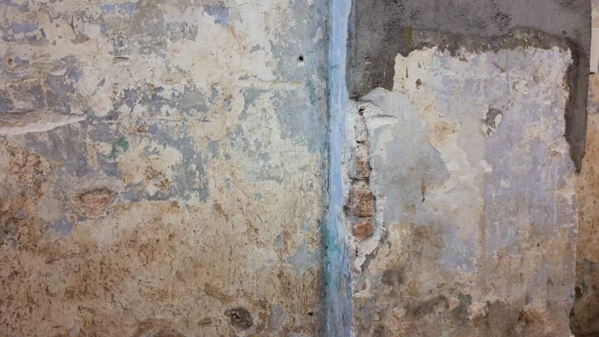 A closeup image showcasing a detailed view of a weathered wall with peeling paint and exposed mortar, highlighting its textured and aged appearance.