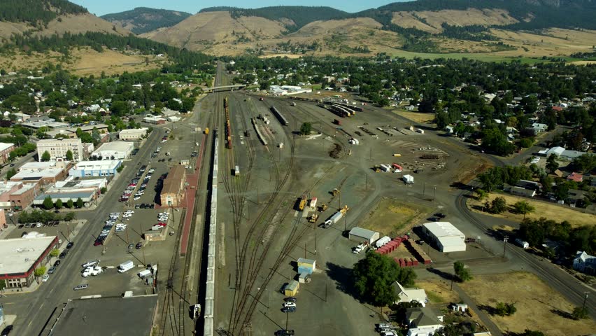 US, Oregon, La Grande, 2025-08-11 - Drone view of the Eagle Cap Excursion Train station