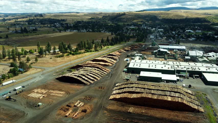 US, Oregon, Elgin, 2025-08-07 - Drone view of the Boise Cascade Plywood Mill