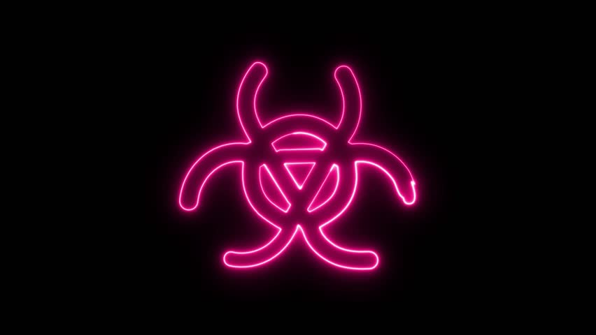 Biohazard warning symbol and danger distorted text on damage retro tv background. Abstract concept of virus, science, research and biological alert with noise and glitch effect