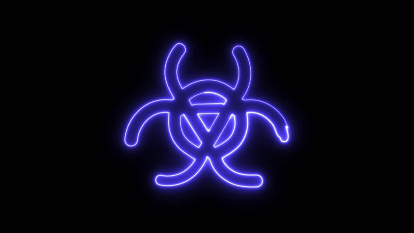 Biohazard warning symbol and danger distorted text on damage retro tv background. Abstract concept of virus, science, research and biological alert with noise and glitch effect