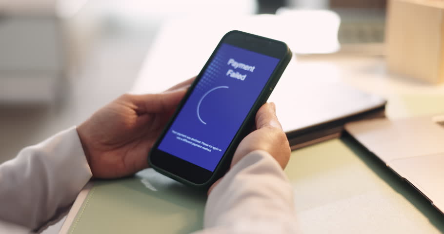 Hands, phone screen and payment fail for ecommerce, transaction or banking in office. Fintech, smartphone and person for online shopping, internet sales and declined notification for finance app