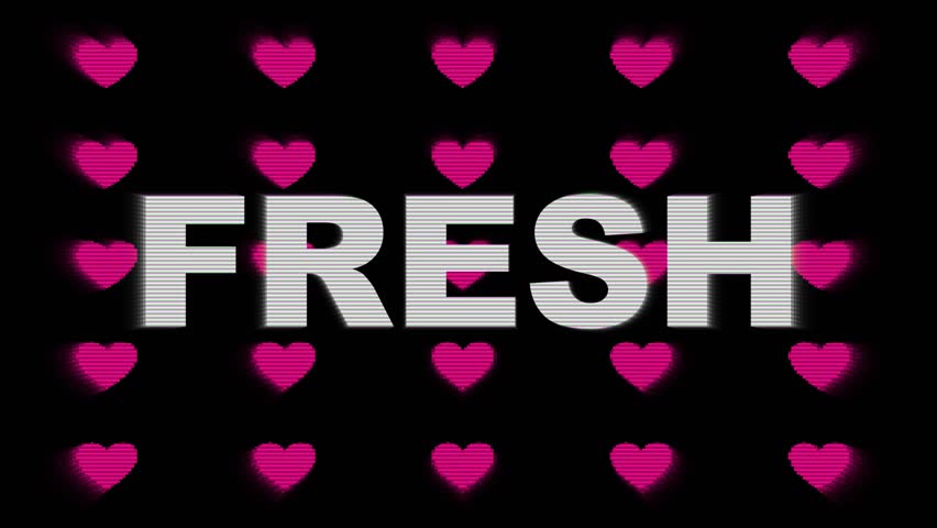 4k animated banner - Pixelated heart pattern in neon pink, black background, Bold Fresh text. 80s retro, Y2K aesthetic, glitch effect. Social media, digital banner, web design, creative advertisement.