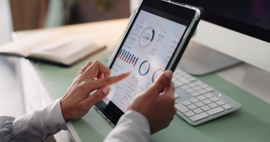 Business, hands and woman with tablet, graphs and financial agency with investment increase. Closeup, person and employee in office, fintech and charts for profit growth, stats and tech with app