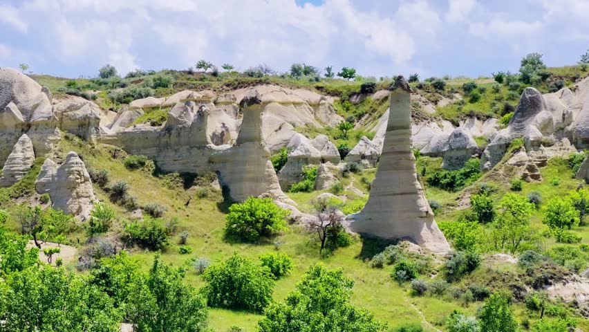 The Valley of Love in Goreme National Park. Unique rocks of various shapes. Sandstone cliffs. The wonders of Cappadocia are rock formations. The unusual shapes of the rocks are the property of Turkey.
