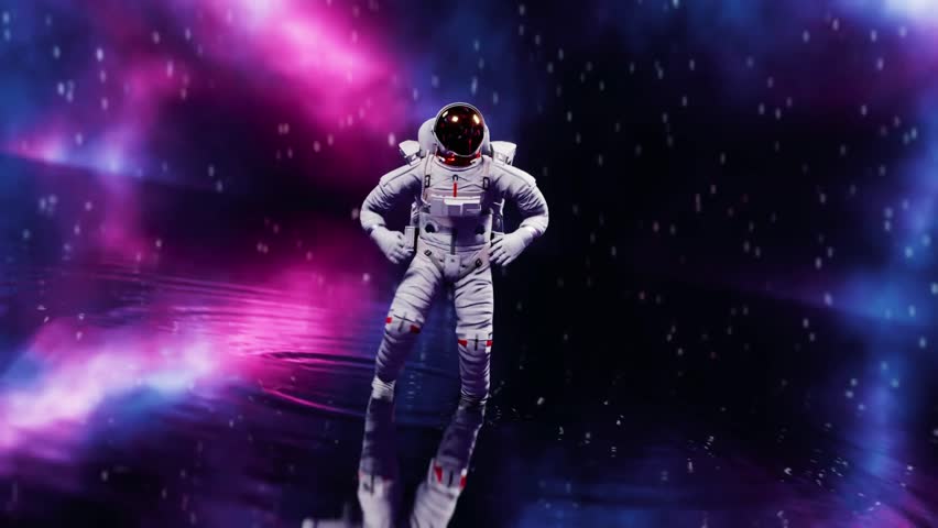 A lone astronaut gracefully walks through the vast cosmic space, surrounded by distant stars and glowing nebulae.
