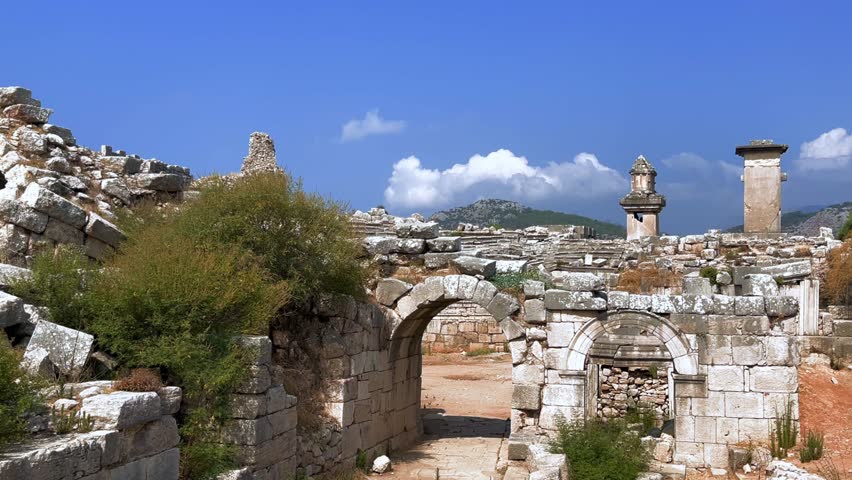 The center of culture and trade of Lycians, Persians, Greeks and Romans.Ruins of an ancient Lycian city on the banks of the Xanthos River.An open-air museum.Ancient Lycia. UNESCO.Turkey, 4k