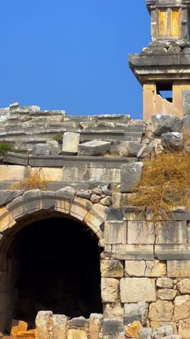The center of culture and trade of Lycians, Persians, Greeks and Romans.Ruins of an ancient Lycian city on the banks of the Xanthos River.An open-air museum.Ancient Lycia. UNESCO.Turkey, 4k