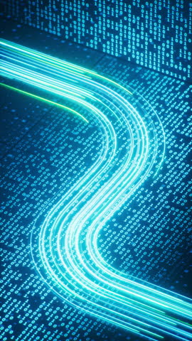 Flowing neon lines with binary data background, 3d rendering. Motion graphic.