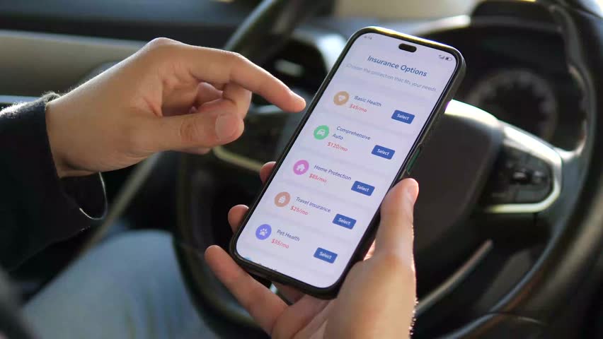 Hands compare online auto insurance proposals on a phone in a car, highlighting informed decision-making. Perfect for insurance ads, financial literacy, or responsible ownership content.