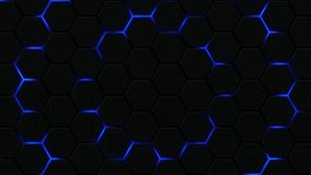 Blue glow hexagon black background. Abstract futuristi surface pattern black, honeycomb with offset effect. Blue abstract glowing sci-fi background. Hexagonal wall geometric pattern i looped - Powered by Shutterstock - Get 15% off with code: PIKWIZARD15