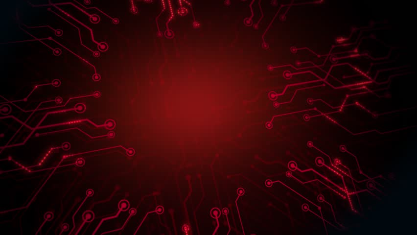 High tech neon circuit board. Glowing red circuit animation. futuristic digital Data moving on Circuit Board. Loop 4k 60 fps.
