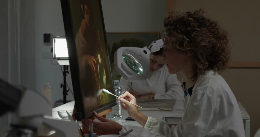 Professional painting conservator restoring a famous Caravaggio oil painting, she is cleaning the artwork using a cotton swab
