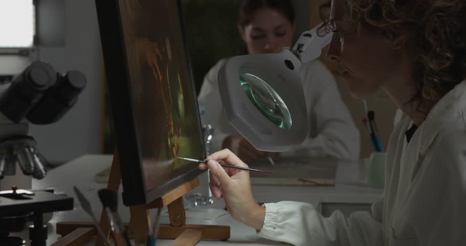 Painting conservator working in the laboratory, she is restoring a Caravaggio oil painting using a paintbrush, cultural heritage and art conservation concept