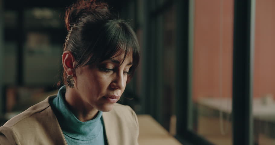 Business, thinking and woman in office, ideas and decision with problem solving. Mature person, employee and journalist in workplace, contemplation and wonder with creativity, copywriting and choice