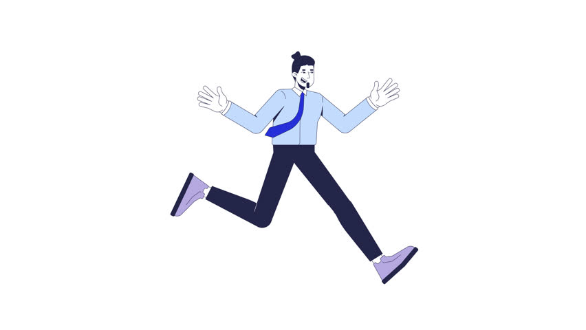 Smiling businessman running energetically with open arms 2D character animation. Office sprint. Caucasian male employee enthusiasm animated person cartoon 4K video isolated on white transparent