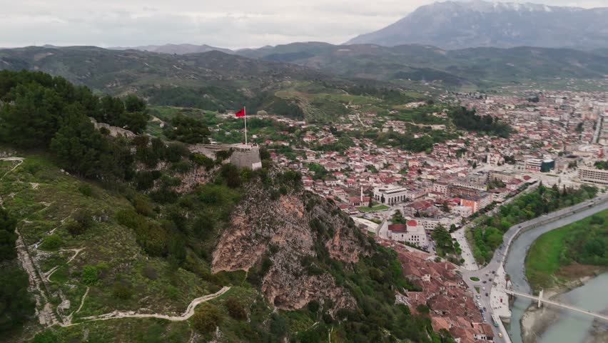Aerial view of Berat city and castle in Albania during daytime