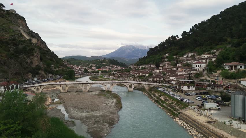Scenic aerial view of Berat, Albania's historic village by a river