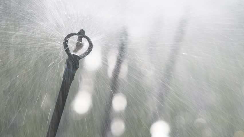 High-pressure water spray creating a mesmerizing splash effect from a nozzle, showcasing dynamic motion and droplets against a soft focus background.