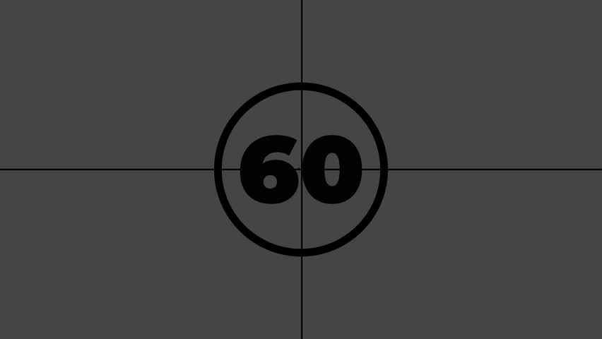 Countdown from 60 to 1 number old film, count in grey retro style vintage video timer. 4k Video
