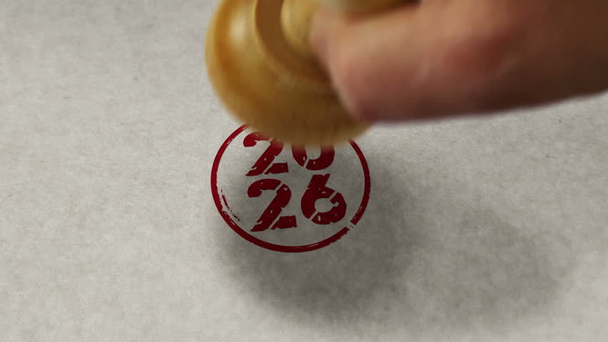 2026 year stamp loopable and seamless animation. Hand stamping impact. New year 2026 3D loop concept.