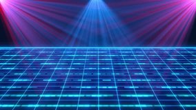 Vibrant Retro Futuristic Grid Stage With Neon Blue And Pink Spotlights And Glowing Particles,a Dynamic Background Featuring A Vibrant Blue Grid, Evoking A Digital Cyberspace Or 80s Synthwave Aesthetic - Powered by Shutterstock - Get 15% off with code: PIKWIZARD15