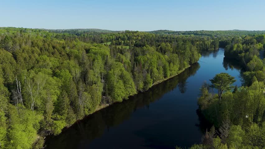 High panoramic bird's eye view of the vast Canadian wilderness, the forests and a dark river flowing through them.
