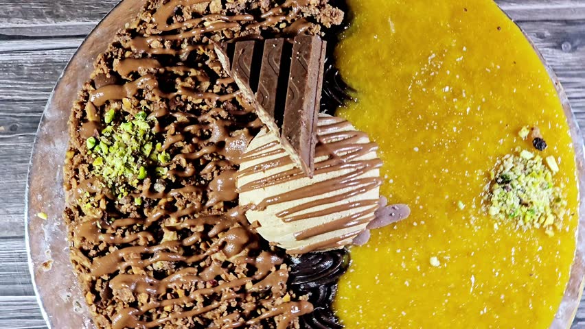 Ice cream cake, on a sponge cake layer, topped with chocolate pieces and cream and sauce, chunks of chocolates with pistachio pieces, half mango and half chocolates, summertime and holidays concept