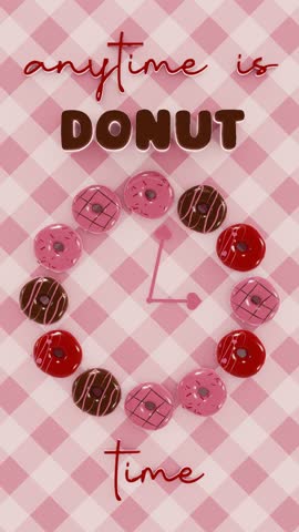 National Donut Day infographic vertical 3D sweet roulette pink gingham texture clock watch time rotating wheel loop animation celebration event festival advertise marketing wallpaper backgrounds