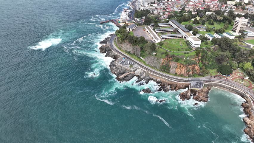 Valparaiso, Chile. Aerial view of the beach, harbor, coastline.