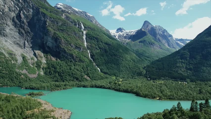 Majestic Mountains Turquoise Lake Waterfall Scenic Norway Nature Landscape Valley Green