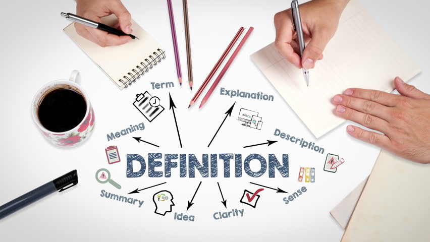 DEFINITION Concept. Illustration with icons, keywords and arrows