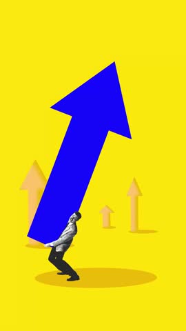 Playful stop motion. Businessman carrying giant arrow upward against bright yellow background. Concept of business development, sales growth, target, finance, market leadership.