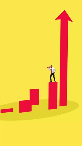 Loop animation. Businessman standing on rising bar chart while observing future opportunities against yellow background. Concept of sales growth, market analysis, forecasting, financial planning.