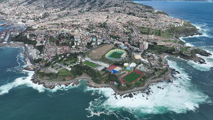 Valparaiso, Chile. Aerial view of the beach, harbor, coastline.