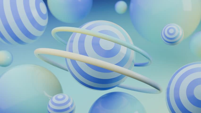Abstract 3D Pastel blue spheres with concentric rings orbit a larger one. 4K seamless abstract 3D loop video.