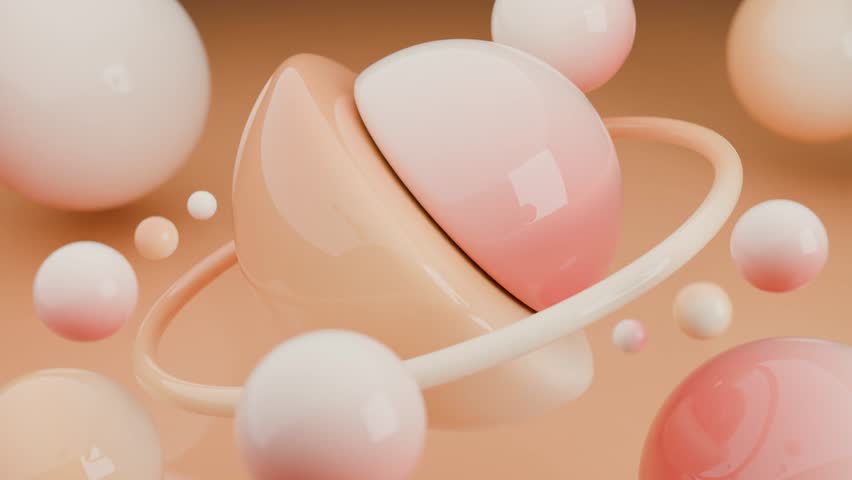 Abstract 3D Pastel spheres orbit a larger sphere creating a dreamy scene. 4K seamless abstract 3D loop video.