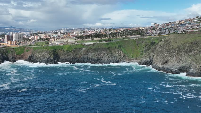 Valparaiso, Chile. Aerial view of the beach, harbor, coastline.