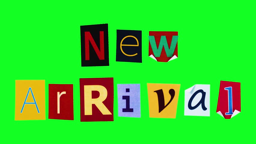 New arrival title in form of collage made from magazine cut letters on chroma key background. Stop motion animated logo for retail advertisement about exclusive product on green screen. Commerce theme