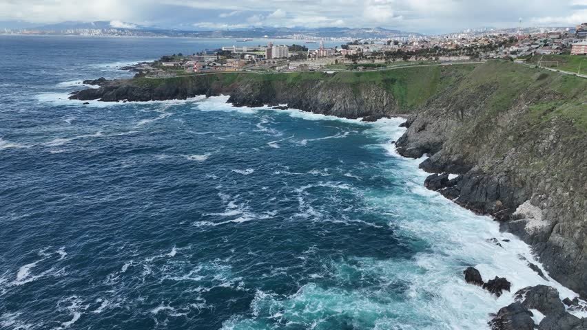Valparaiso, Chile. Aerial view of the beach, harbor, coastline.