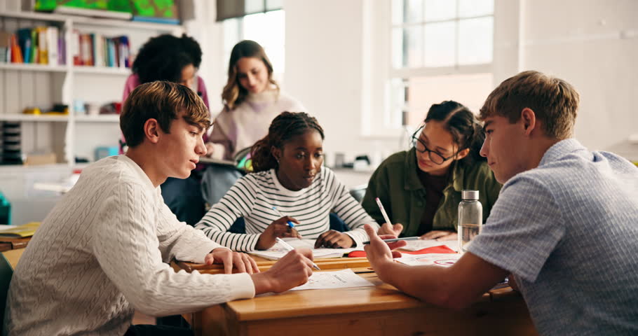 Fist bump, education and students in classroom, support and happiness with creative project. Art session, friends and teens with gesture, high school and knowledge with achievement, smile or learning