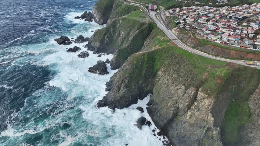 Valparaiso, Chile. Aerial view of the beach, harbor, coastline.