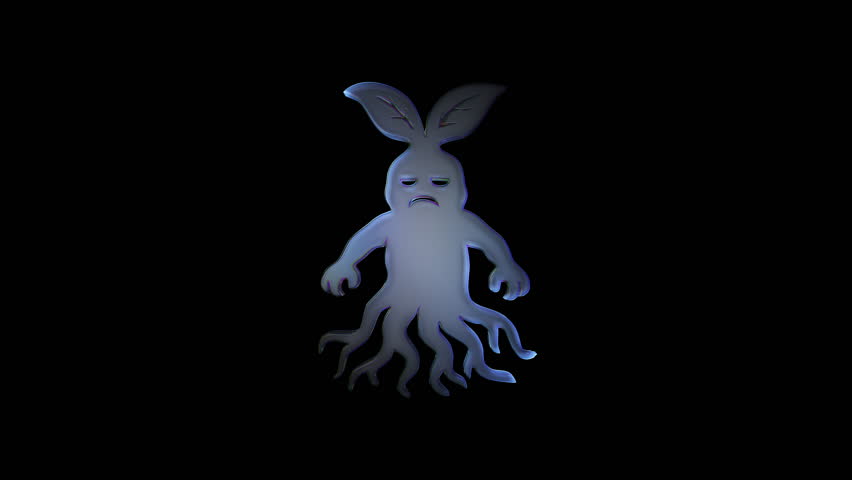 Glass mandrake rotating slowly, revealing intricate transparent details against dark background, embodying mythical folklore and magical essence of legendary plant