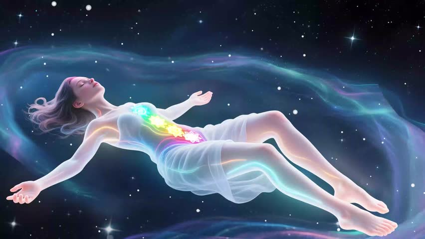 Astral Projection of a Woman with Glowing Chakras in Outer Space