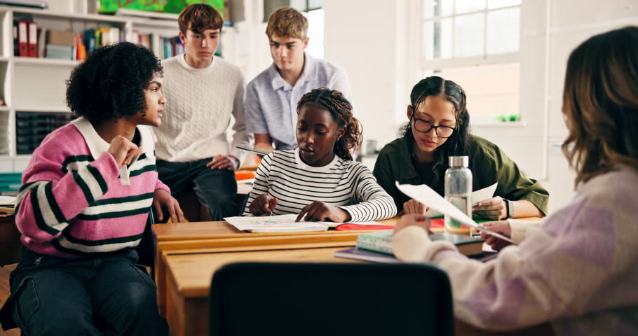 Students, group and high five with project at school, achievement and goals in science class. Person, teenager and happy with learning, motivation or celebration for success with education at academy