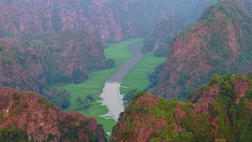 Aerial view sunrise landscapes and mountains in Ninh Binh, Vietnam.