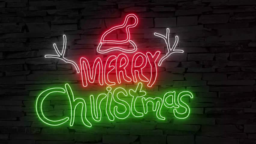 Merry Christmas silhouette of Santa hat illuminated 3d illustration retro neon signs on dark brick wall background, cute Christmas wishes 10s 4k video sstkChristmas, jolly and sweet!
