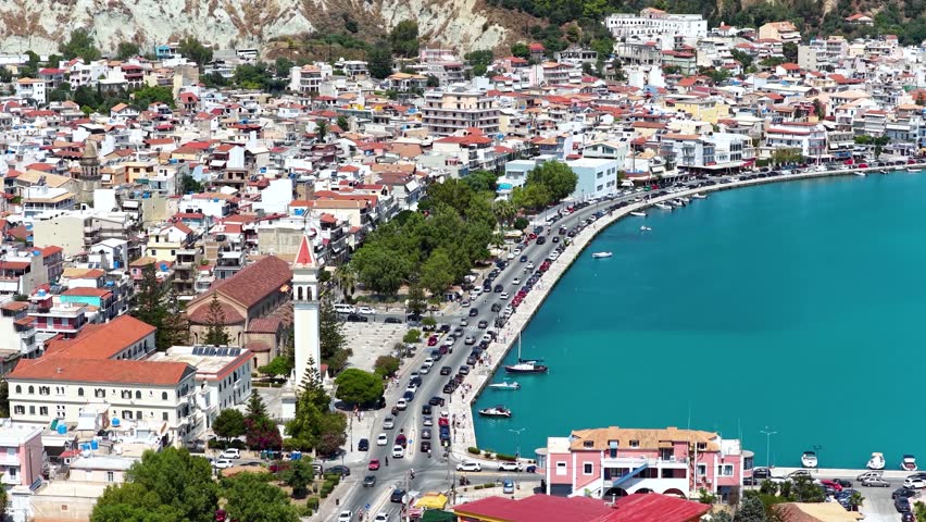 Panoramic aerial summer day view of the town and port of Zakynthos island, Ionian Sea, Greece