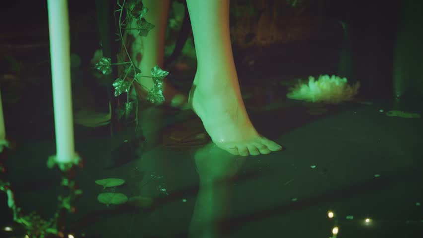 Close-up leg foot walks on water ivy branches green leaves tree plants, Elf girl fairy dark silhouette mystery witch fantasy woman walking in dark forest night nature moon light. 3D Illustration